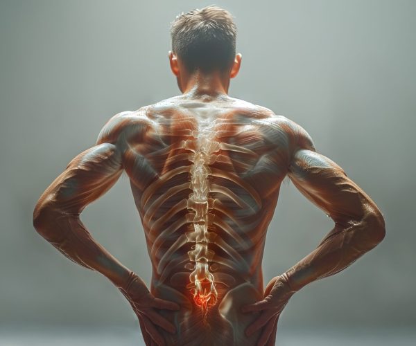 Muscular white male with highlighted spine experiencing lower back pain. concept of human anatomy, muscle structure, spinal health, and pain management.